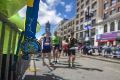 A Boston Marathon medal waits for a finisher. (Jesse Costa/WBUR)